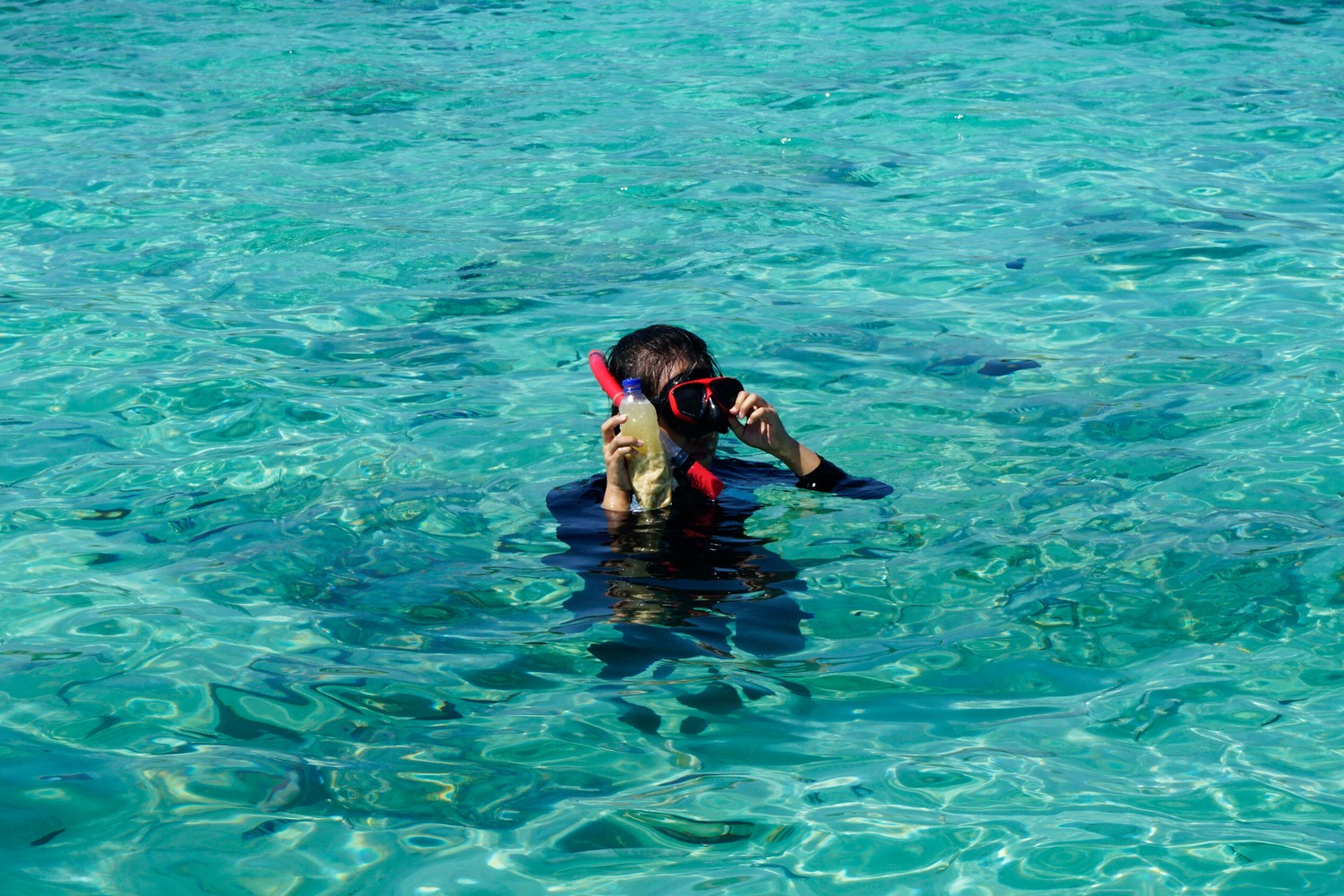 Nageur en masque et tuba dans une eau turquoise peu profonde