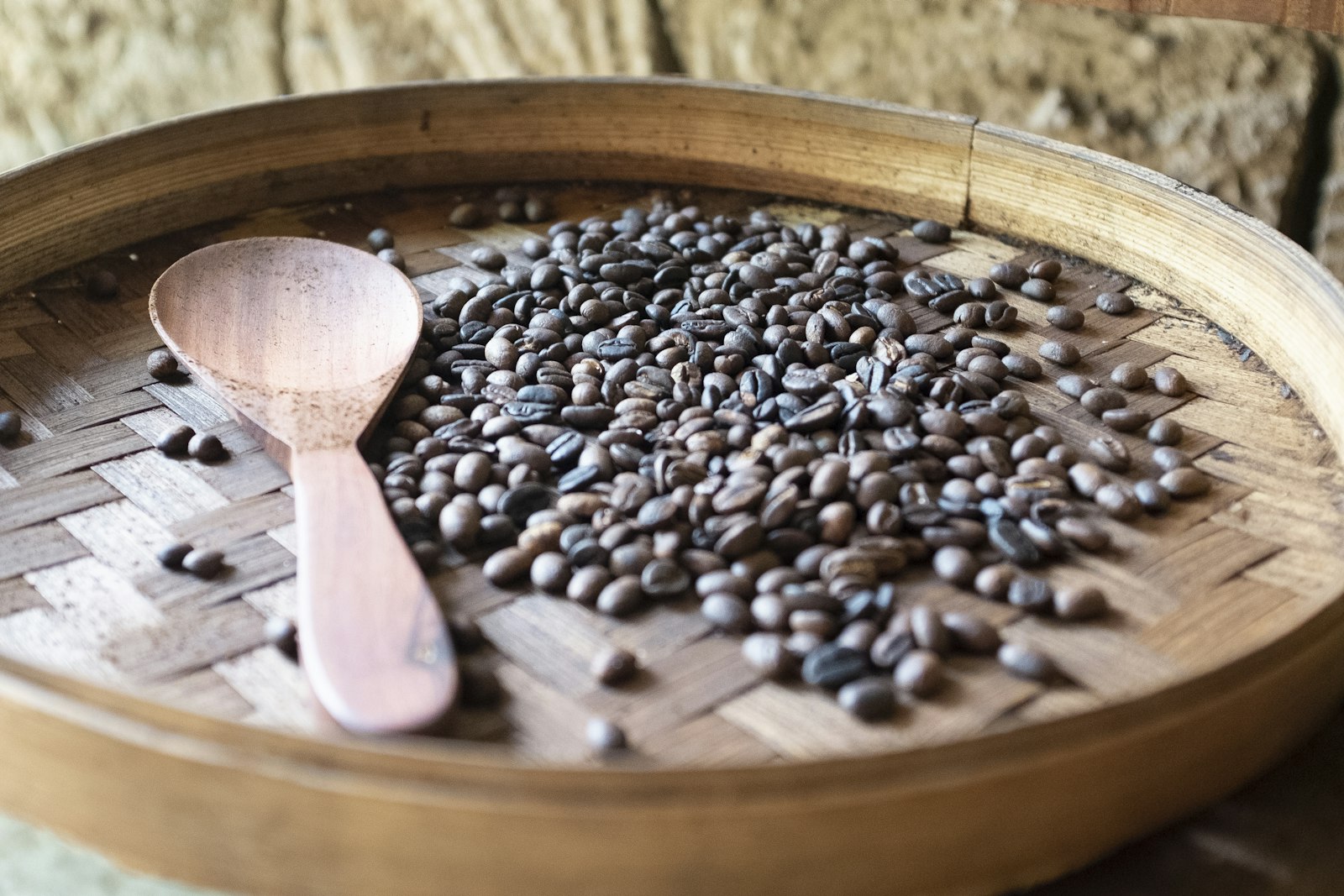 Grains de kopi luwak torréfiés étalés dans un van en bambou, avec une cuillère en bois